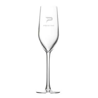 Elegant Champagne flute on a hight foot. Made from clear glass with a very thin 1.1 mm edge. Capacity 160 ml. Made in Europe.