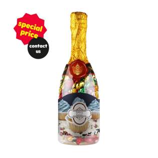 Champagne bottle filled with approx. 360 gram metallic sweets, and full colour printed sticker on the front