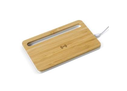 5W wireless charging station made of bamboo. Simply place the wireless charging enabled phone onto the charging pad and it will charge itself. Comes packaged in a gift box.