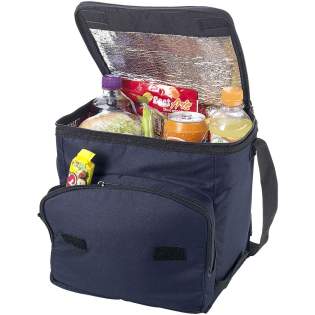 Foldable cooler bag with zipped main compartment and zipper front pocket. Adjustable shoulder strap. The cooler bag can be folded flat due to the hook & loop on front pocket. Accessories not included.