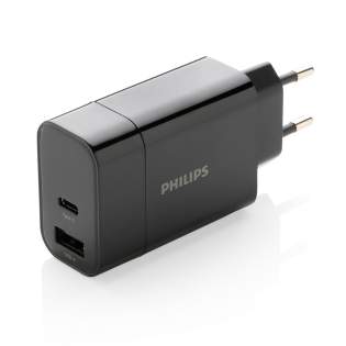 Philips super fast 30W wall adapter with power delivery. The charger comes with one USB 2A output port and one type C output that support power delivery fast charging. This will allow you to charge your mobile device in under one hour if it supports PD charging. Input 100-240V; Type-C output (PD): 5V/3A,9V/2A,12V/1.5A; USB output: 5V/2.4A (max12W) Total Power: 30W. Packed in Philips giftbox.