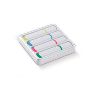 Set with four basic highlighters in useful plastic box with transparent lid. The highlighters are in a unique Toppoint design. The coloured details of the highlighter show the writing colours.