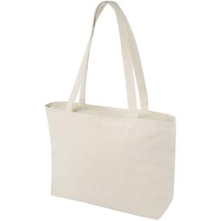 The clean design of the Ningbo gives this tote bag large imprint areas and is, therefore, a fantastic option for meetings, conventions and trade shows. The tote bag consists of 320 g/m² cotton, making it tremendously strong and suitable for carrying heavy items. The tote bag closes with a zipper, keeping the contents well protected. With 31.5 cm long handles, the Ningbo tote bag is easy to carry over the shoulder. Resistance up to 10 kg weight.