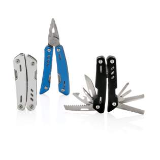 Multitool im Aluminium-Case mit 12 Funktionen aus Stainless Steel wie eine Feile, Zange, Messer, Schraubendreher, Säge, Dosenöffner und vielem mehr. In Geschenkbox verpackt.