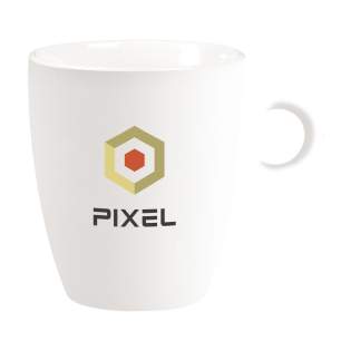 Quality ceramic mug with distinctive round handle. In all white or with coloured exterior. Suitable for all coffee machines. Dishwasher safe.  Capacity 200 ml. The imprint is dishwasher tested and certified: EN 12875-2.