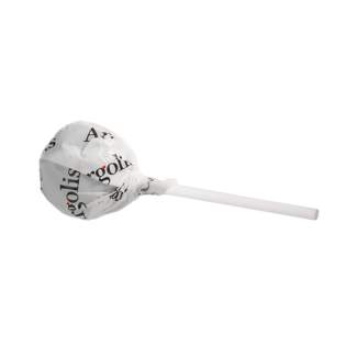 Ronde lolly van ca. 13 gram in witte folie, voorzien van een all-over bedrukking. Keuze uit diverse fruitsmaken.