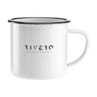 Enamelled mug. A popular retro-style design. To accentuate the retro look, the mug has imperfections. Capacity 350 ml. Each item is individually boxed.