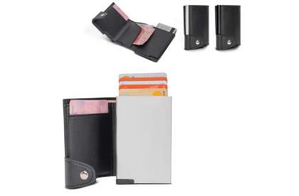 Sophisticated aluminum card holder with stylish leatherette wallet. The card holder protects your cards against RFID skimming. Simply push the button and retrieve up to six cards (four with embossing). The wallet can hold another credit card and bank...