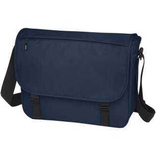 Sustainable GRS certified RPET laptop bag made with 60% recycled materials. Features a large zippered main compartment with a padded 15" laptop sleeve and a front compartment (both with velcro closures). Comes with a cover flap with a zippered pocket and with buckle closure. Features comfortable padded and adjustable shoulder strap and trolley tunnel on the backside.