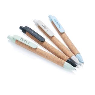 Stylo à bille recyclé en fibre de paille de blé et en liège. Encre bleue Dokumental® de fabrication allemande pour +/- 1200m d’écriture et bille en carbure de tungstène assurant une écriture régulière.