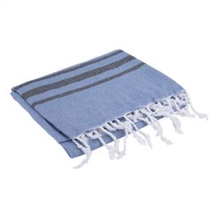 A multifunctional hammam towel from Oxious. Made from 50% OEKO-TEX® certified cotton and 50% recycled industrial textile waste (140 g/m²). Vibe is a wonderfully soft and stylish cloth with a cool stripe pattern. Beautiful as a shawl, dress on the couch, luxurious (hammam) cloth or towel. The cloth is handmade. Vibe symbolizes relaxation in a cozy atmosphere and environment.      These beautiful, soft cloths are made by local women in a small village in Turkey. They work there in a social context, with room for growth and development. The cloths are handmade with love and care for the environment. Pure enjoyment can begin with a product from the Oxious collection. Optional: Each item supplied in a kraft cardboard envelope and/or with a kraft sleeve.