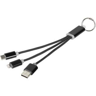 Metalen 3-in-1 oplaadkabel met sleutelring. De metalen 3-in-1 oplaadkabel met sleutelring beschikt over 1 type C, 1 USB type A en een 2-in-1 dubbel uiteinde dat compatibel is voor zowel Apple iOS als Android apparaten. Wordt geleverd met een sleutelhanger. Om Apple apparaten op te laden steekt u het kabeluiteinde zonder pinnen in het apparaat, en voor het opladen van Android apparaten steekt u het uiteinde met pinnen in het apparaat.