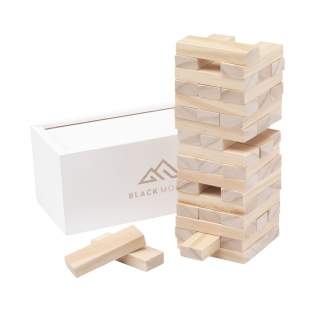 Hölzernes Stapelspiel (48 Blöcke). Abm. Turm:  16,5 x 6 x 6 cm. Die Blöcke dieses Partyspiels lassen sich leicht in der weißen Holzkiste mit Schiebeöffnung aufbewahren. Inklusive Spielregeln. Wird einzeln in einem Kraftkarton geliefert.