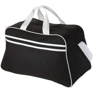 Sport bag with zippered main compartment and front pocket with zipper closure.