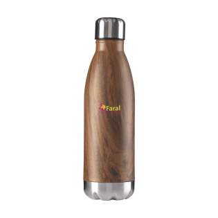 Double-walled, vacuum-insulated, stainless steel water bottle. With leakproof screw top. This elegant model has a striking, attractive top layer with a wood grain pattern. Suitable for maintaining the temperature of cold or hot water. Capacity 500 ml. Each item is supplied in an individual brown cardboard box.