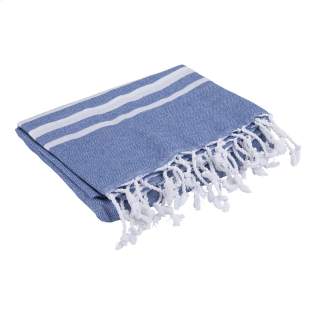 A multifunctional hammam towel from Oxious. Made from 50% OEKO-TEX® certified cotton and 50% recycled industrial textile waste (140 g/m²). Vibe is a wonderfully soft and stylish cloth with a cool stripe pattern. Beautiful as a shawl, dress on the couch, luxurious (hammam) cloth or towel. The cloth is handmade. Vibe symbolizes relaxation in a cozy atmosphere and environment.      These beautiful, soft cloths are made by local women in a small village in Turkey. They work there in a social context, with room for growth and development. The cloths are handmade with love and care for the environment. Pure enjoyment can begin with a product from the Oxious collection. Optional: Each item supplied in a kraft cardboard envelope and/or with a kraft sleeve.