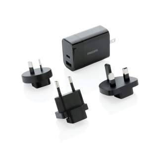 Philips ultra fast 30W PD travel charger. With convenient travel pouch.Comes with 4 plugs; integrated US plug and changeable AU, UK and EU plugs. Input: 100-240V, 50-60Hz 0.7A Output USB A 5V/2.4A Type-C 5V/3A, 9V/2A, 12V/1.5A. Packed in Philips giftbox.