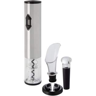 Electric wine opener in combination with a foil cutter, a pourer and a stopper. It works with 4 AA batteries (not included).