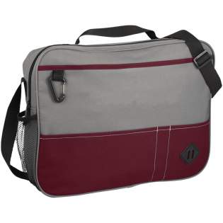 Conference style briefcase with zipped main compartment. Includes large front pouch for pamphlets or flyers and carabiner for your keys. Pockets along the front of this bag provide space for pens and business cards. Side mesh water bottle pocket. Top grab handle plus adjustable shoulder strap for improved fit and comfort.