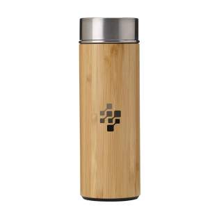 Double-walled, leak proof, vacuum-insulated stainless steel thermo bottle/thermo cup with bamboo finish. Includes a removable stainless steel tea strainer. Capacity 360 ml. Each item is individually boxed.