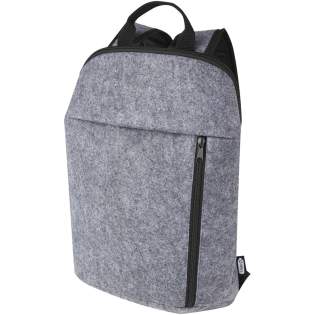 Practical cooler backpack made of high quality soft and durable GRS certified recycled felt. Features a main zippered compartment lined with food safe, high density thermal PEVA insulation keeping beverages and refreshments cold for hours. Front zippered pocket. Adjustable shoulder straps and a cotton, woven carry handle. Easy to clean. Capacity: 7 litres.