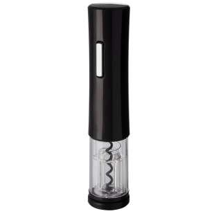 Electric wine opener that features a foil cutter. It works with 4 AA batteries (not included).