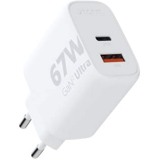 The 67W GaN² Ultra wall charger is designed to be more compact and powerful than ever before. With its compact design and dual-port functionality, this wall charger is perfect for your travels, office, or home. To reduce waste and contribute to a more sustainable future, the charger is made from 97% recycled plastic. Output: 1 USB-C 67W power delivery, and 1 USB-A 18W quick charge 3.0. Delivered with a user manual.