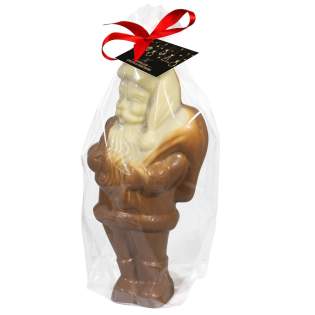 Grote holle melkchocolade Kerstman chocoladepop ca. 425 gram in een transparant zakje, voorzien van een full colour dubbelzijdig bedrukt kaartje