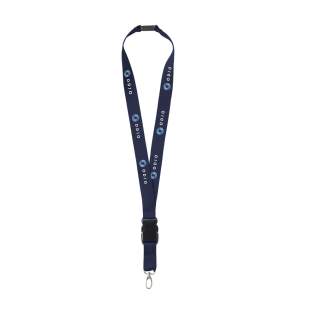 Lanyard van sterk geweven polyester met metalen karabijnhaak en veiligheidssluiting. Het onderste gedeelte is los te koppelen d.m.v. een kunststof kliksysteem.