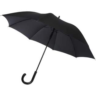 Automatic opening umbrella with a pongee polyester canopy, and a sturdy black plated metal shaft. The high quality full fiberglass frame offers maximum flexibility in windy conditions. Crooked handle with a carbon look finish and black nickel plated tips. Luxe branded details on woven label on the canopy and the closure strap. Large decoration area on each of the panels.