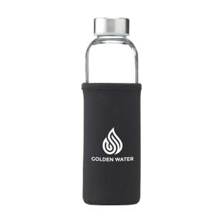 Slim, leak proof water bottle made from soda-lime glass with stainless steel screw cap. With neoprene sleeve to carry the bottle comfortably. The glass bottle is dishwasher safe with the exception of the screw cap. Capacity 500 ml. Each item is supplied in an individual brown cardboard box.