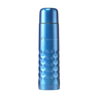 Stainless steel thermo bottle with screw cap/drinking cup and handy push-pour mechanism. With striking 3D geometric diamond pattern. Leak proof. Capacity 500 ml. Each item is individually boxed.