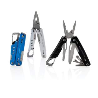 Multitool im Aluminium-Case mit 11 Funktionen aus Stainless Steel wie z.B. eine Zange, Messer, Schraubendreher, Säge, Dosenöffner, Karabiner und vielem mehr. In Geschenkbox verpackt.