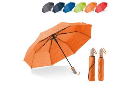 Beautiful foldable umbrella with sleeve and ergonomic design handle. The ribs of the frame are made of fibreglass for extra durability. The black frame gives a nice contrast to the colourful canopy made of pongee polyester.