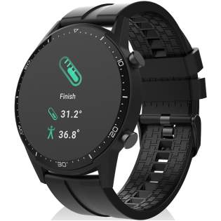 Montre connectée avec thermomètre pour la température corporelle, écran tactile de 1,3" et caméra intégrée. Elle suit l'activité physique quotidienne et offre un mode multisport. Batterie 3,7 V / 240 mAh. RAM 128 Ko / ROM 64 Mo.