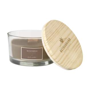 A decorative, luxurious Wooosh scented candle cast in a solid, polished, clear glass jar. This scented candle has a natural wooden wick that crackles, replicating the soothing sound of an open fire. The glass jar is supplied with a pinewood lid that can also be used as a coaster for the candle. The candle is made from 5% eco-friendly soy wax and 95% paraffin wax. As soon as you light the candle, your room fills with a magical Amber scent of warm, softly sweet and sensual aromas. In addition, it is also a mysterious, spicy mix that is both intriguing and attractive. Amber is a popular scent that creates ambience in any room. This elegant scented candle has approximately 35 burning hours and will make an attractive and decorative addition to any home. Each item is supplied in a luxurious Wooosh gift box.