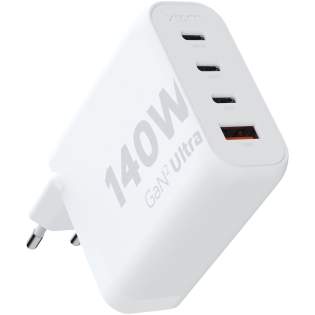 The 140W GaN² Ultra wall charger is designed to be more compact and powerful than ever before. With its compact design and quad-port functionality, this wall charger is perfect for your travels, office, or home. To reduce waste and contribute to a more sustainable future, the charger is made from 97% recycled plastic. Output: 2 x USB-C 140W power delivery, 1 USB-C 20W power delivery, and 1 USB-A 18W quick charge 3.0. Delivered with a user manual.