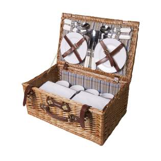 Willow picnic basket with picnic accessories for 4 people: 4 ceramic plates, 4 plastic mugs and stainless steel cutlery. Incl. 2 removable cooler bags. Each item is supplied in an individual brown cardboard box.