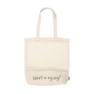 WoW! A sturdy ECO mesh shopping bag made from 100% organic quality cotton (180 g/m²). Features a firmly woven base and long handles. Durable and environmentally friendly. Capacity approx. 12 litres.