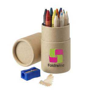 Cardboard box with 6 unpainted pencils, 6 crayons and a sharpener.