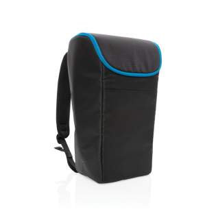 This cooler backpack can go wherever a cool drink or meal is needed — whether that is three kms/miles down a trail or just at the office. The backpack features a wide-mouth opening for easy access to your food and drinks. An external front pocket and zippered top pocket ensures you can put all your necessities away. Fits up to 6 bottles or 24 cans. Adjustable straps and exterior made in a tarpaulin and ribstop combination. Blue details add a finishing touch. Interior 100% PEVA.