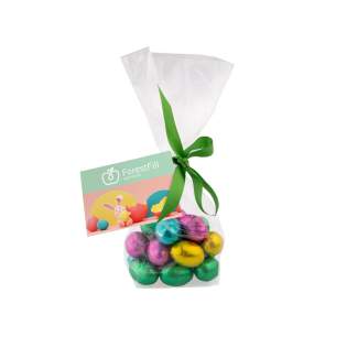 Discover our delicious creamy Easter eggs packaged in a block bag with a full color printed card on a cheerful ribbon. An irresistible treat to make your Easter extra tasty!