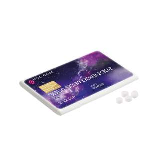 Witte mint creditcard voorzien van een full colour bedrukking op de bovenzijde, gevuld met ca. 8 gram suikervrije pepermuntjes