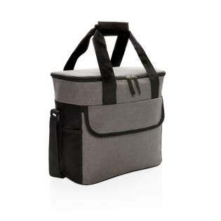 600D two-tone polyester large cooler bag can store up to 20 cans. With 2 mesh side pockets and 1 front pocket.