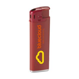 Electronic, refillable lighter of the brand Flameclub® with adjustable flame and bright white LED light at the bottom. Equipped with child lock. TÜV-certified. Possible with a full colour print. Batteries incl. Lighter are only supplied with print.