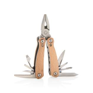 Multitool mit Buchengriff. 12 Funktionen aus Edelstahl wie eine Zange, Messer, Schraubendreher, Säge, Dosenöffner und vielem mehr. In Geschenkbox verpackt.