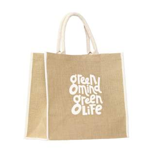 WoW! Generously sized jute shopping bag with laminated interior and short handles. Made from hard-wearing woven cotton. OEKO-TEX® certified. Capacity approx. 25 litres. For information: due to the coarseness of the fabric, the ability to imprint small details of a logo, thin lines and small letters is limited. We may therefore, after receiving your logo, advise you to adjust or enlarge the logo.