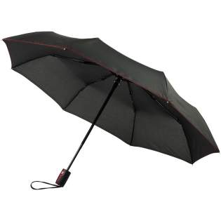 Automatic open and close foldable umbrella with a pongee polyester canopy. Sturdy metal shaft, a high quality frame with fibreglass ribs that offers maximum flexibility in windy conditions. Supplied with a pouch and can easily fit in a handbag or backpack for convenient carrying. Coloured details are available on the soft touch handle and detailed sewing on the canopy and pouch. Large decoration area on each of the panels, as well as the handle.