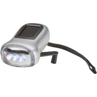 Compact solar torch with a brightness of 10.000 mcd. The torch can also be powered manually by turning the handle.