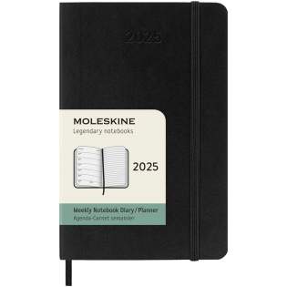 Dated from January to December 2025, the Moleskine soft cover 12-month weekly pocket size planner shows the whole week at a glance, while also providing yearly and monthly snapshot pages for a broader overview of the year, followed by pages for travel planning, ideas and goals. The days of each week are shown on one side opposite a ruled page for tasks and notes. Features ivory-coloured acid-free paper, a black elastic closure, a page ribbon marker, a colour coordinated expandable inner pocket, and stickers for personal customisation, as well as year stickers for the spine.